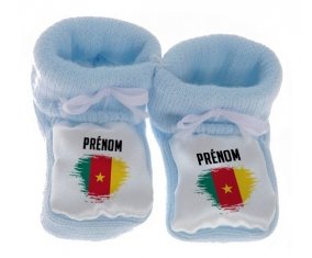 Chausson bébé Drapeau effet pinceau Cameroun avec prénom de couleur Bleu