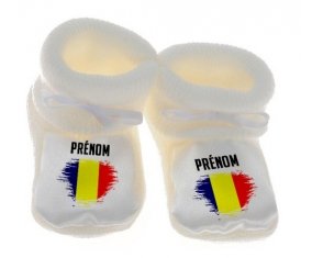 Chausson bébé Drapeau effet pinceau Tchad avec prénom de couleur Blanc