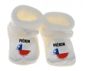 Chausson bébé Drapeau effet pinceau Chili avec prénom de couleur Blanc