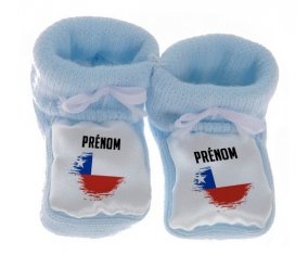 Chausson bébé Drapeau effet pinceau Chili avec prénom de couleur Bleu
