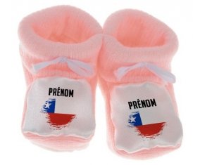 Chausson bébé Drapeau effet pinceau Chili avec prénom de couleur Rose