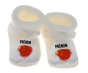 Chausson bébé Drapeau effet pinceau Chine avec prénom de couleur Blanc