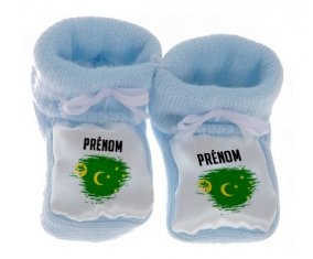 Chausson bébé Drapeau effet pinceau Îles Cocos avec prénom de couleur Bleu