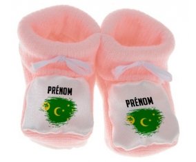 Chausson bébé Drapeau effet pinceau Îles Cocos avec prénom de couleur Rose