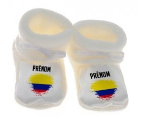 Chausson bébé Drapeau effet pinceau Colombie avec prénom de couleur Blanc