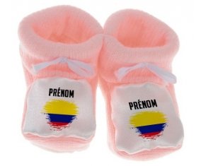 Chausson bébé Drapeau effet pinceau Colombie avec prénom de couleur Rose