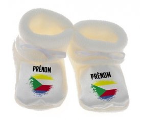 Chausson bébé Drapeau effet pinceau Comores avec prénom de couleur Blanc