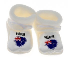 Chausson bébé Drapeau effet pinceau les Îles Cook avec prénom de couleur Blanc