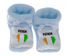 Chausson bébé Drapeau effet pinceau Côte d'Ivoire avec prénom de couleur Bleu