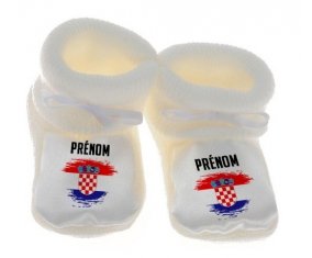 Chausson bébé Drapeau effet pinceau Croatie avec prénom de couleur Blanc