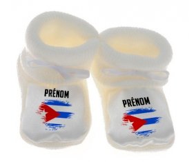 Chausson bébé Drapeau effet pinceau Cuba avec prénom de couleur Blanc