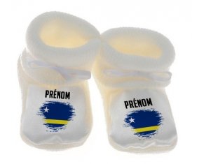 Chausson bébé Drapeau effet pinceau Curacao avec prénom de couleur Blanc