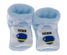 Chausson bébé Drapeau effet pinceau Curacao avec prénom de couleur Bleu