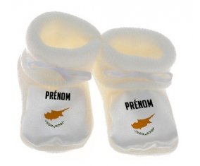 Chausson bébé Drapeau effet pinceau Chypre avec prénom de couleur Blanc