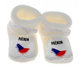 Chausson bébé Drapeau effet pinceau République Tchèque avec prénom de couleur Blanc