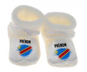 Chausson bébé Drapeau effet pinceau République Démocratique du Congo avec prénom de couleur Blanc