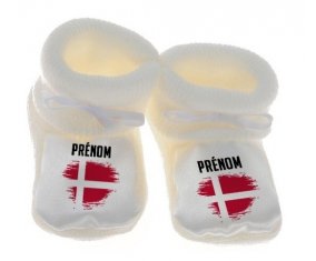 Chausson bébé Drapeau effet pinceau Danemark avec prénom de couleur Blanc