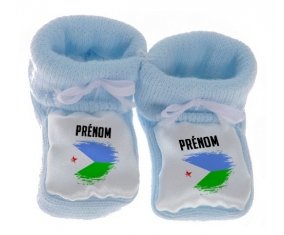 Chausson bébé Drapeau effet pinceau Djibouti avec prénom de couleur Bleu