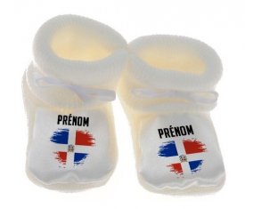 Chausson bébé Drapeau effet pinceau République Dominicaine avec prénom de couleur Blanc