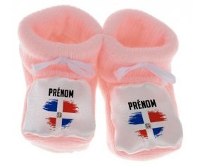 Chausson bébé Drapeau effet pinceau République Dominicaine avec prénom de couleur Rose