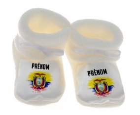 Chausson bébé Drapeau effet pinceau Equateur avec prénom de couleur Blanc