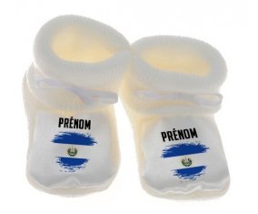 Chausson bébé Drapeau effet pinceau Le Salvador avec prénom de couleur Blanc