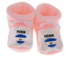 Chausson bébé Drapeau effet pinceau Le Salvador avec prénom de couleur Rose