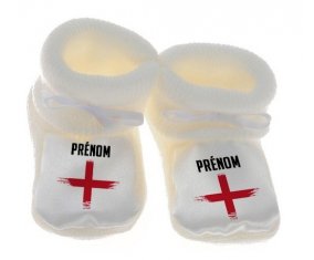 Chausson bébé Drapeau effet pinceau Angleterre avec prénom de couleur Blanc