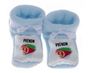 Chausson bébé Drapeau effet pinceau Érythrée avec prénom de couleur Bleu