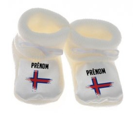 Chausson bébé Drapeau effet pinceau Îles Féroé avec prénom de couleur Blanc