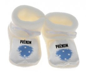Chausson bébé Drapeau effet pinceau États fédérés de Micronésie avec prénom de couleur Blanc