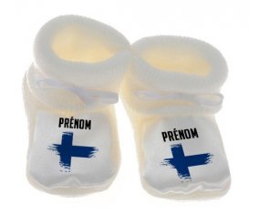 Chausson bébé Drapeau effet pinceau Finlande avec prénom de couleur Blanc
