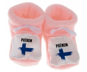 Chausson bébé Drapeau effet pinceau Finlande avec prénom de couleur Rose