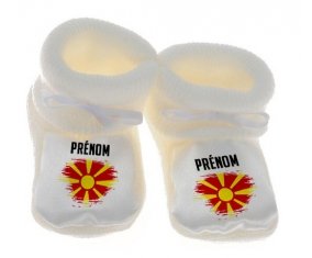 Chausson bébé Drapeau effet pinceau Macédoine du Nord avec prénom de couleur Blanc