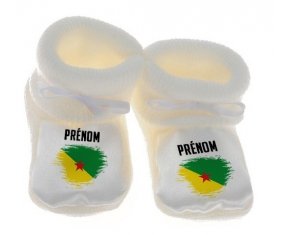 Chausson bébé Drapeau effet pinceau Guyane Française avec prénom de couleur Blanc