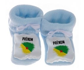 Chausson bébé Drapeau effet pinceau Guyane Française avec prénom de couleur Bleu