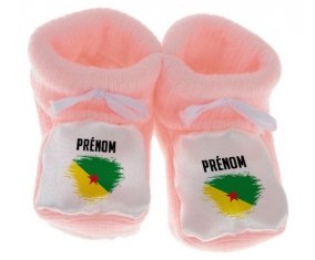 Chausson bébé Drapeau effet pinceau Guyane Française avec prénom de couleur Rose