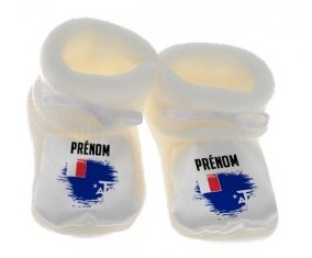 Chausson bébé Drapeau effet pinceau Terres australes françaises avec prénom de couleur Blanc