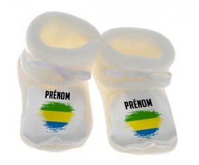 Chausson bébé Drapeau effet pinceau Gabon avec prénom de couleur Blanc