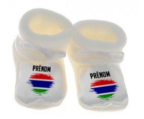 Chausson bébé Drapeau effet pinceau Gambie avec prénom de couleur Blanc