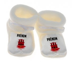 Chausson bébé Drapeau effet pinceau Gibraltar avec prénom de couleur Blanc