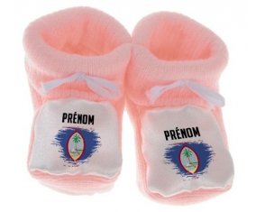 Chausson bébé Drapeau effet pinceau Guam avec prénom de couleur Rose