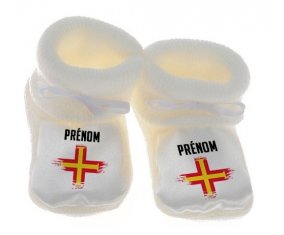 Chausson bébé Drapeau effet pinceau Guernesey avec prénom de couleur Blanc