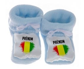 Chausson bébé Drapeau effet pinceau Guinée Bissau avec prénom de couleur Bleu