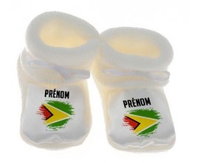 Chausson bébé Drapeau effet pinceau Guyane avec prénom de couleur Blanc