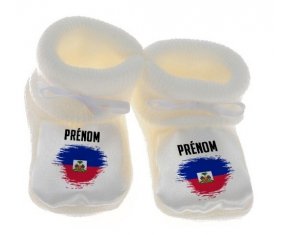 Chausson bébé Drapeau effet pinceau Haïti avec prénom de couleur Blanc