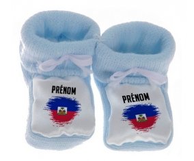 Chausson bébé Drapeau effet pinceau Haïti avec prénom de couleur Bleu