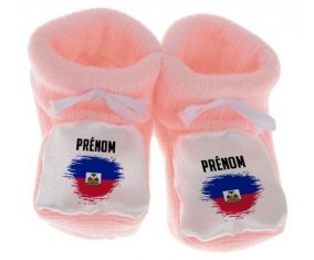 Chausson bébé Drapeau effet pinceau Haïti avec prénom de couleur Rose