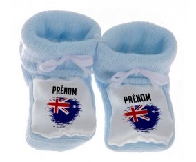 Chausson bébé Drapeau effet pinceau Îles Heard et Mcdonald avec prénom de couleur Bleu