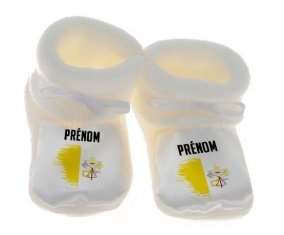Chausson bébé Drapeau effet pinceau Saint-Siège avec prénom de couleur Blanc